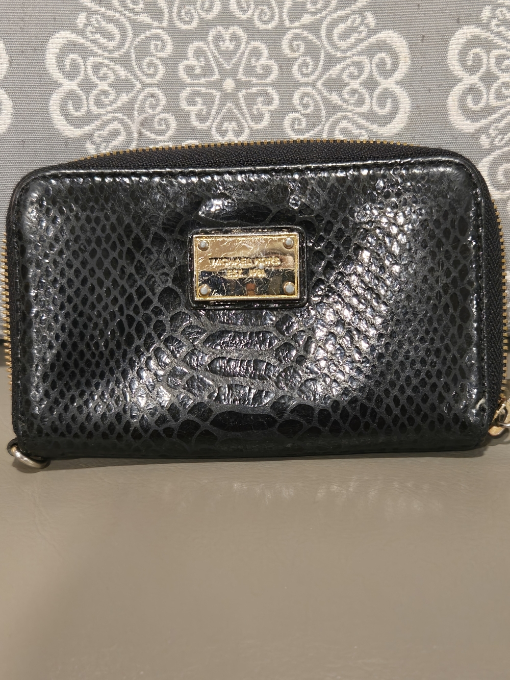 Michael KORS Black Snake-Embossed Zip Around Wallet with Gold Accent